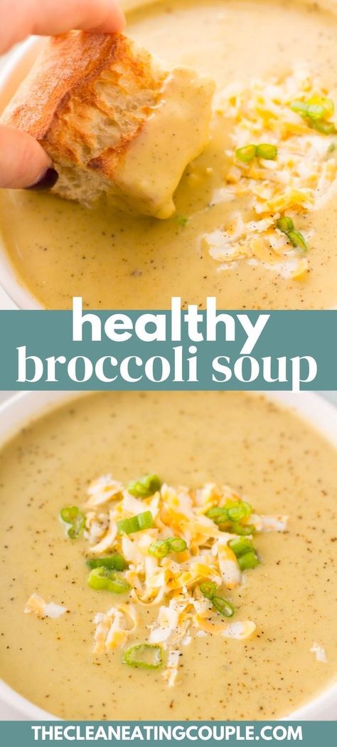 Healthy Broccoli Cheddar Soup, Healthy Broccoli Soup, Healthy Broccoli Cheese Soup, Broccoli Soup Healthy, Healthy Broccoli, Broccoli Soup Recipes, Easy Clean Eating Recipes, Soup Appetizers, Broccoli Soup