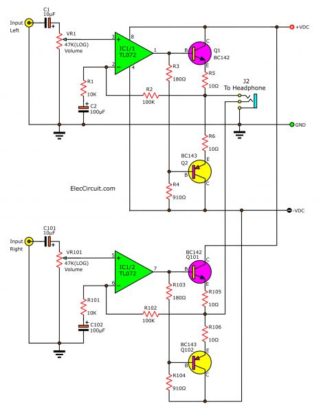 HiFi Headphone amplifier circuit using TL072 low noise | Elec Circuit Hifi Amplifier, Diy Amplifier, Headphone Amp, Headphone Amplifiers, Electronic Schematics, Electronics Mini Projects, Electronic Circuit Projects, Electronics Projects Diy, Audio Amplifier