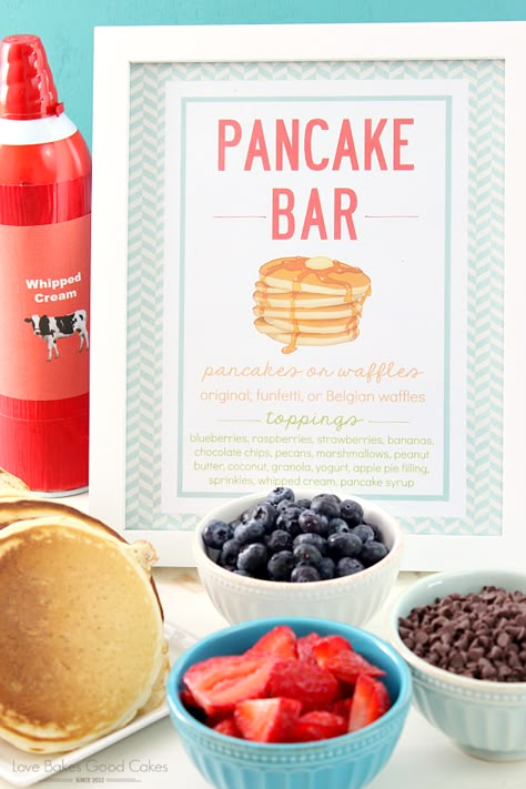 It's easy to host your own Pancake Bar! It's a great idea for weekend brunches, special occasions, or anytime you want a fuss-free meal! AD Pajama Breakfast Birthday Party, Pancake Fundraiser Ideas, Pancake Breakfast Fundraiser Ideas, Breakfast Fundraiser Ideas, Pancake Party Ideas Kid, Pancake Bar Ideas Brunch Party, Breakfast Graduation Party Ideas, Pancake Party Ideas, Brunches Ideas