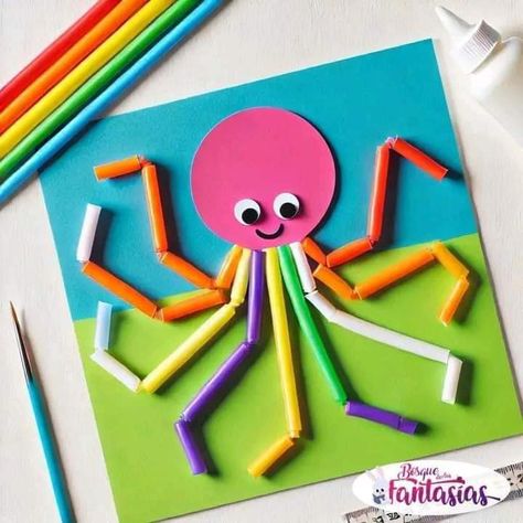 Octopus Art For Kids, Craft For Kindergarten Kids, Alphabet Crafts Preschool, Straw Crafts, Kids Art Galleries, Preschool Arts And Crafts, Fun Arts And Crafts, Hand Crafts For Kids, Preschool Art Activities