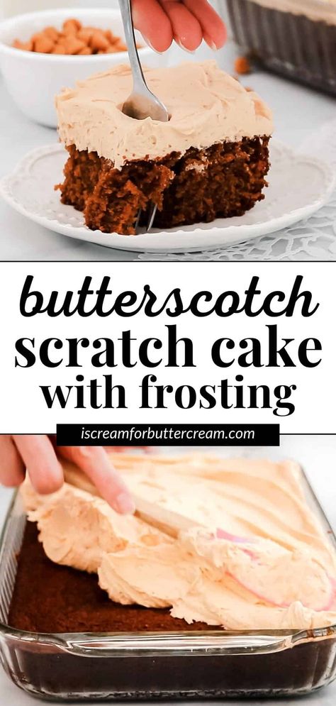 This butterscotch cake is a rich cake with a deep butterscotch flavor made with dark brown sugar, then covered in a creamy butterscotch frosting. Butterscotch Frosting Recipe, Butterscotch Poke Cake, Butterscotch Icing, Butterscotch Frosting, Cake Recipe From Scratch, Poke Cake Recipe, Butterscotch Cake, Pop Cakes, Rich Cake