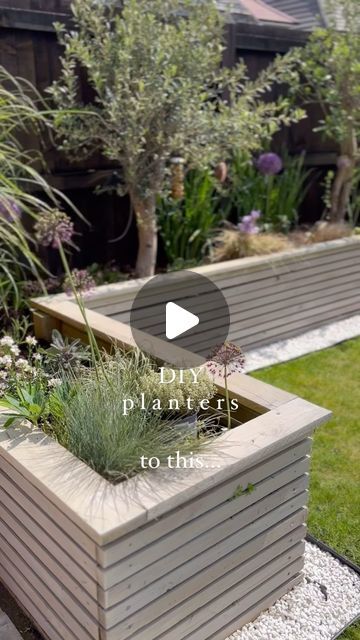 Sarah Heard ✨ on Instagram: "DIY Garden Planters… two years on 🪴   We’ve sanded them down this year to give the wood a smoother finish and a fresh lick of paint using @cuprinol_uk Natural Stone   Our plants are blooming this year and we’ve placed the big olive trees in them as well, which has made all the difference. Not bad what some fence posts, roof battens and some heavy duty weed liner can do!  #diyplanter #raisedborders #gardenborder #diygarden #smallgardenideas #newbuildgarden #roofbatten #slattedfence #gardeninglove #gardentransformation #gardenmakeover #smallgarden #plantingtrees #budgetgardening #gardendesignuk #gardenlife #myhomeandgarden #ukgardens #gardensgreatorsmall #patioideas #gardenpatio #stonepatio #olivetrees #alliums #hydrangeaannabelle #neutralgarden #naturalstonepav Garden Boarders Ideas Diy, Garden Boarders Ideas, Diy Garden Planters, Walkway Diy, Garden Planting Ideas, Fence Colours, Paver Walkway Diy, Planter With Trellis, Paver Walkway