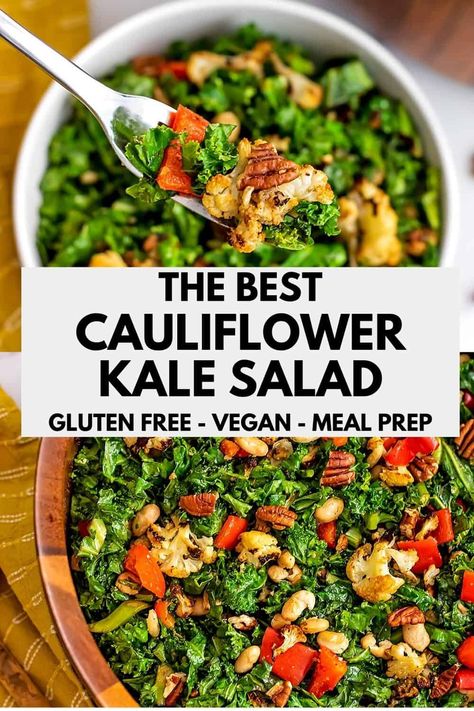 Cauliflower Kale Salad, Salad With White Beans, Cauliflower And Kale, Homemade Balsamic Dressing, Cauliflower Salad, Kale Recipes, Balsamic Dressing, Vegan Gluten Free Recipes, Vegan Meal Prep