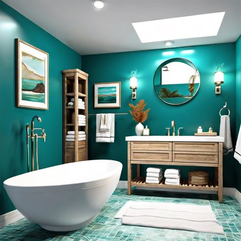 30 Teal Bathroom Ideas for a Stylish and Unique Bathroom Design Turquoise And White Bathroom Ideas, Teal Walls Bathroom, Dark Teal Bathroom Ideas, Aqua Bathroom Ideas, Aqua Blue Bathroom, Bathroom Colors Schemes, Teal And Grey Bathroom, Teal Bathroom Ideas, Blue Bathrooms Designs