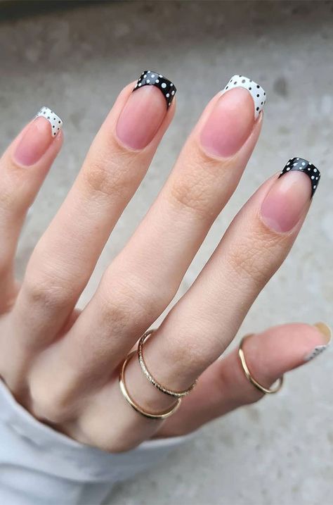 44. Black & White Polka Dot French nails We have a pretty nail look for those loves polka dot design. The manicure features natural... Dot French Nails, Black French Nails, Polka Dot Nail Designs, Natural Looking Nails, Dot Nail Designs, Polka Dot Nail Art, Dot Nail Art, Polka Dot Nails, French Nail Designs