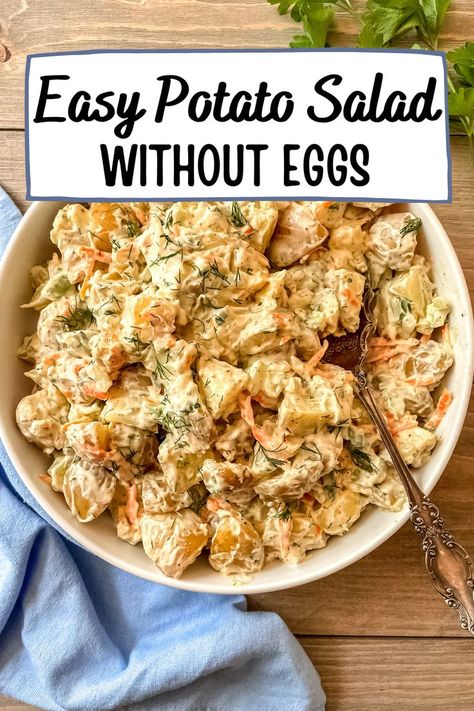 Potato salad (without eggs) in a round, white bowl. Yukon Gold Potato Salad Recipe, Potato Salad Without Eggs, Yukon Potatoes, Classic Potato Salad, Easy Potato Salad, Creamy Potato Salad, Gold Potatoes, Carrots Celery, Potato Salad Recipe