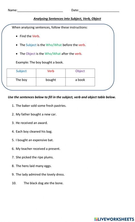 Subject Verb Object Worksheet, Subject Verb Object, Book Anatomy, Subject Object, Subject And Predicate, Verb Worksheets, Learning English For Kids, English Grammar Worksheets, Subject And Verb