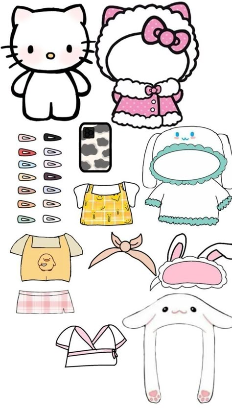 Hello Kitty Paper Doll Clothes, Paper Crafts Hello Kitty, Hello Kitty Blind Bag, Hello Kitty Paper Craft, Paper Skincare, Hello Kitty Paper, Buku Diy, Diy Hello Kitty, Paper Doll Printable Templates