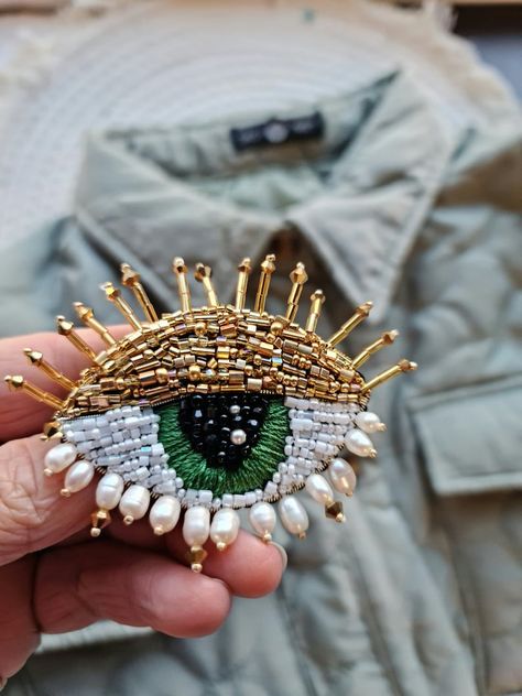 Handmade Adjustable Eye-shaped Jewelry, Beaded Embroidery Portrait, Handmade Spiritual Eye-shaped Jewelry, Eye Beaded Brooch, Embroidery Fashion Detail, Lovers Eyes, Luxury Unique Beaded Brooches, Lapel Pins Mens, Heart Brooch