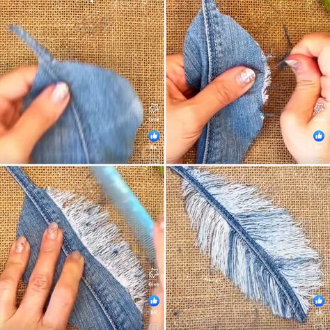 Tas Denim, Diy Sy, Fabric Feathers, Denim Crafts Diy, Rug Patterns, Folded Fabric, Blue Jeans Crafts, Jean Crafts, בר מצווה