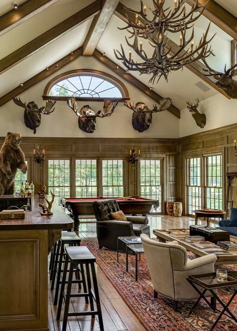 See this insanely beautiful New York country home that overlooks a stream Oleander Aesthetic, Ski Mansion, Hunting Cabin Interior, Hunting Lodge Interiors, Hunting Cabin Ideas, Cool Water Slides, Duck Mounts, Hunting Man Cave, Hunting Man