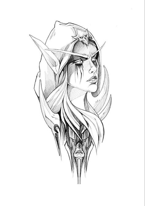 Night Elf Tattoo, Sylvanas Windrunner Tattoo, Elves Tattoo, Sylvanas Tattoo, Warcraft Tattoo, Elf Tattoo, Elf Drawings, Adventure Tattoo, Bw Art