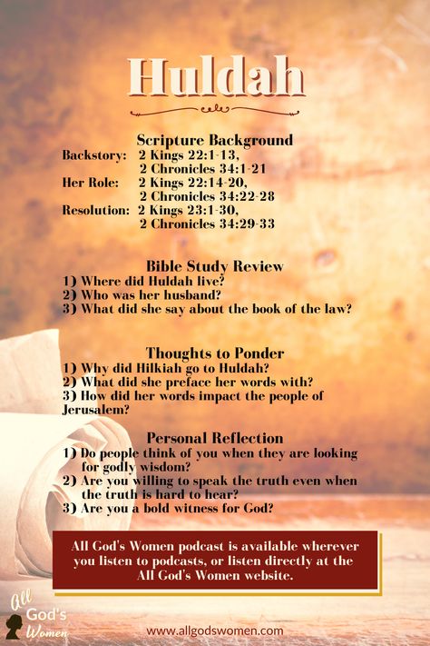 Huldah, a Bible story plan Bible Study Lessons For Women, Best Bible Study Podcasts, Bible Study On Hannah, Women Of The Bible Study, Obadiah Bible Study, Hebrews Study Guide, Women’s Bible Study Lessons, Sermon Preparation, Women Bible Study