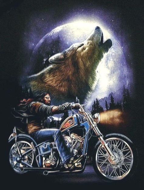 Motorcycle Art Painting, David Mann Art, Bike Artwork, Harley Davidson Artwork, Native American Wolf, Motorcycle Artwork, Harley Davidson Wallpaper, Harley Davidson Art, Wolf Images