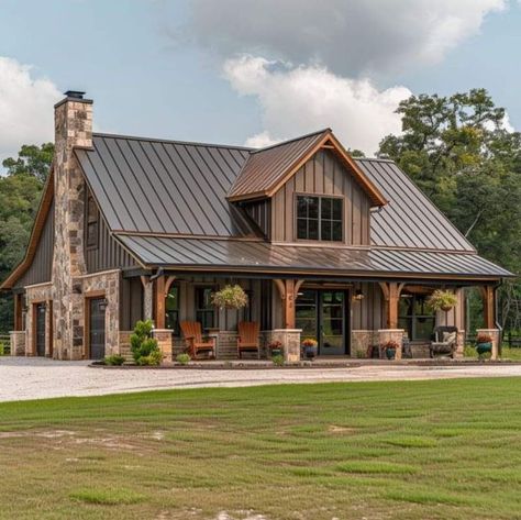 My Dream Home Farmhouse Exterior, Realistic Barndominium, Black House With Copper Accents, Southwestern House Exterior, Barndominium Ideas Ranch Style, Copper Roof Barndominium, Dark Green Barndominium Exterior, Barndominium With Brick, Farmhouse Exterior With Brick