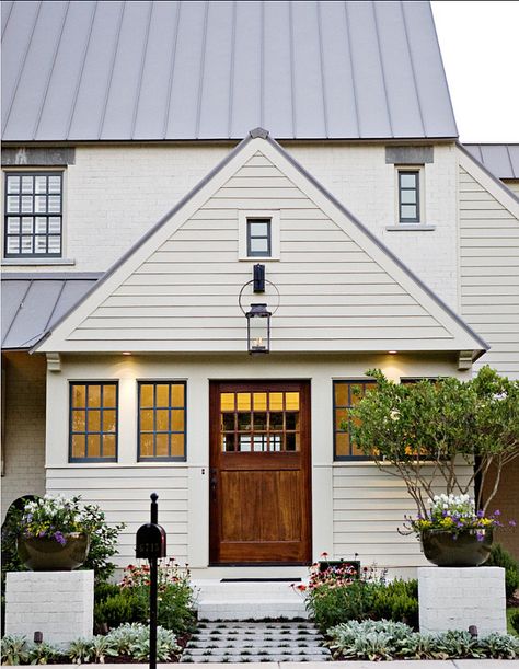 House Paint Color is “Sherwin Williams SW 6148 Wool Skein”. The windows are painted in “Sherwin Williams Rock Bottom SW7062″. Classroom Palette, Wool Skein, Cozy Homes, Wood Cladding, Traditional Exterior, Casa Exterior, Wood Siding, Interior Paint Colors, Painted Brick