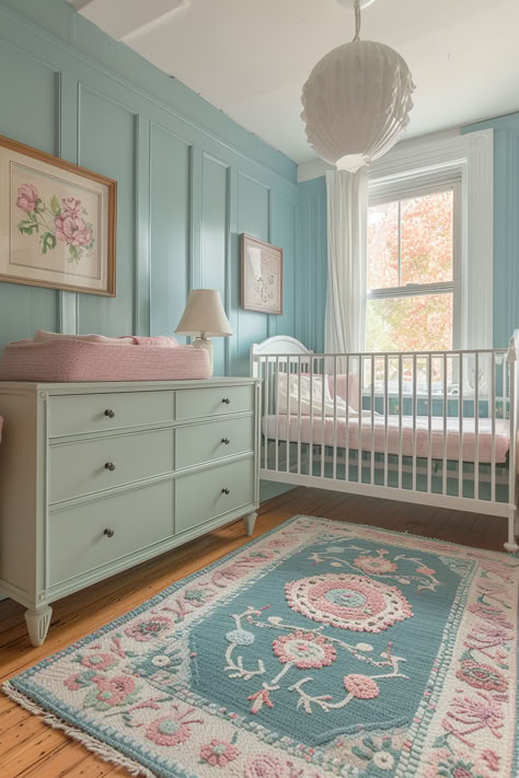 nursery decor, vintage nursey, nursery ideas, nursery, nursery design Blue Green Pink Nursery, Girl Nursery Pink And Green, Grand Millennial Nursery Girl, Pink And Blue Nursery Girl, Blue And Pink Nursery, Preppy Nursery, Pink And Blue Nursery, Teal Nursery Girl, Antique Baby Nursery