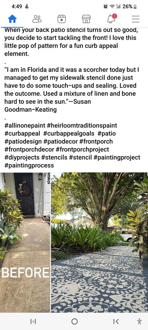 Concrete Driveway Paint Ideas, Painted Driveways Concrete, Driveway Paint Ideas, Stenciled Sidewalk, Concrete Driveway Paint, Driveway Paint, Freedom House, Heirloom Traditions Paint, Concrete Driveways