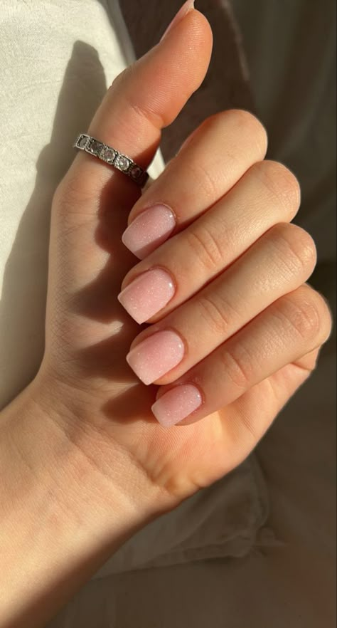 Sheer Pink Natural Nails, Natural Nails Acrylic With Glitter, Dip Nails Shape, Short Square Natural Pink Nails, Short Pink Nails Square Glitter, Neutral Pink Sparkly Nails, Simple Pink Design Nails, Pink Sparkle Acrylics, Natural Nails Acrylic Glitter