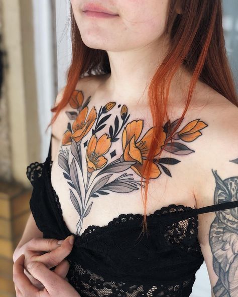 Tattoos For Women On Thigh, Beautiful Flower Tattoos, Cool Chest Tattoos, Pieces Tattoo, Inspiration Tattoos, Chest Tattoos For Women, Chest Piece Tattoos, Tatuaje A Color, Stomach Tattoos