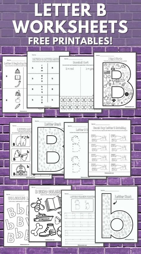 Graphic with 12 letter b worksheets on a purple brick background. Teaching The Letter B To Preschool, B Preschool Activities, Letter B Activities For Preschool, Preschool Letter B, Letter B Activities, Letter B Worksheets, Letter Recognition Worksheets, Printable Alphabet Worksheets, Letter Crafts