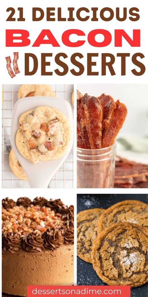 Homemade Bacon Desserts, also known as sweet and savory combinations, have gained popularity in recent years. These recipes are easy to make. These desserts typically incorporate bacon into sweet treats which adds a savory and salty element to traditional desserts. #dessertsonadime #bacondesserts #bacon Billionaire Bacon Recipe, Bacon Dessert Recipes, Maple Bacon Cookies, Bacon Monkey Bread, Bacon Chocolate Chip Cookies, Bacon Desserts, Candied Bacon Recipe, Bacon Treats, Maple Bacon Donut