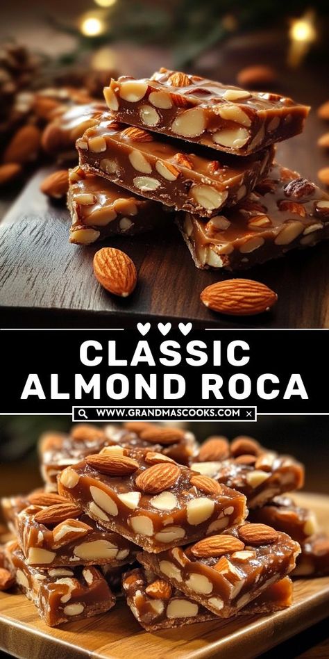 This homemade Almond Roca is the ultimate indulgence—crunchy, buttery toffee covered in smooth chocolate and topped with crunchy almonds. A must-try for any candy lover! Toffee Almonds Recipe, Savory Almonds Recipes, Whole Almond Recipes, Slivered Almonds Recipes, Butter Toffee Almonds Recipe, Flavored Almonds Recipe, Recipes With Almonds, Almond Nougat Recipe, Almond Roca Recipe