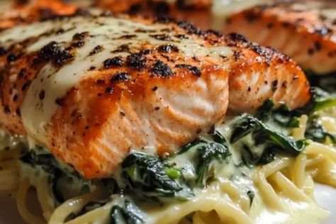 Salmon Stuffed With Spinach, Salmon Stuffed, Salmon Spinach, Blackened Salmon, Chopped Spinach, Soften Cream Cheese, Salmon Fillets, Baked Salmon, Breakfast For Dinner