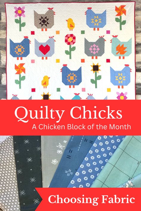 A chicken sampler quilt and close up of blue and aqua fabric with a tag that says choosing fabric. Flower Quilt Blocks, Chicken Quilt, Farmer Girl, Choosing Fabric, Quilt Block Patterns Free, Flower Quilt, Quilt Block Pattern, Block Of The Month, Girls Quilts