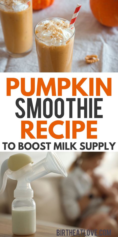 Pumpkin smoothie recipe for breastfeeding! Tastes like pumpkin pie, but it's good for you AND it has milk supply boosting ingredients. Love this breastfeeding smoothie for breakfast or a snack. If you love pumpkin lattes this is a great substitution while nursing. Add this lactation recipe to your breastfeeding meal plan! Pumpkin Lactation Recipes, Pumping Snacks, Breastfeeding Smoothie Recipes, Lactation Smoothie Recipes, Boost Milk Supply Breastfeeding, Lactation Treats, Breastfeeding Recipes, Lactation Smoothies, Breastfeeding Meal Plan