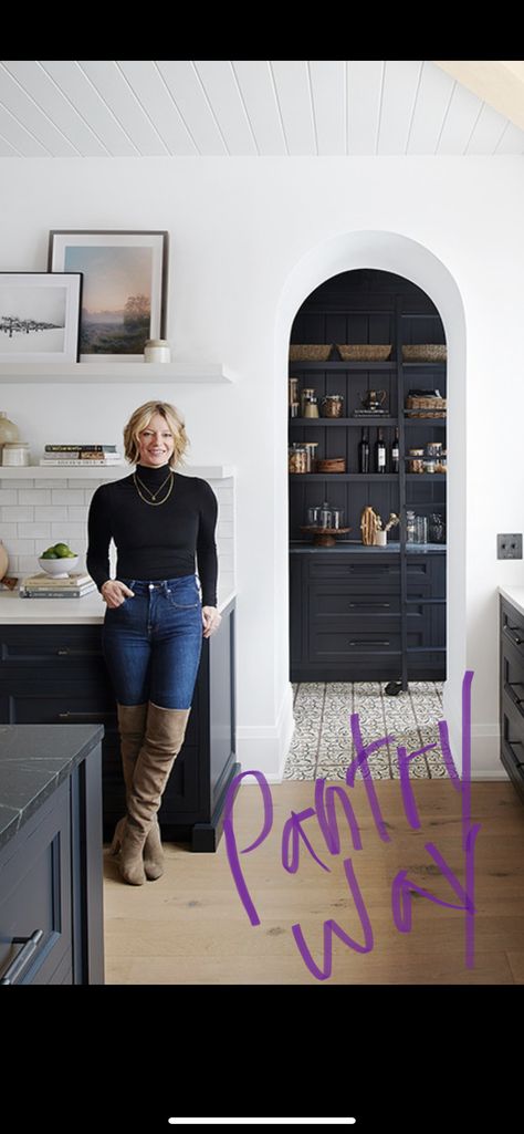 Pantry Tile Ideas, Black And White Pantry Ideas, Black And White Cottage Kitchen, Arches In Kitchen, Stand Alone Pantry, Black Pantry, No Upper Cabinets, Queen Anne House, Black White Kitchen