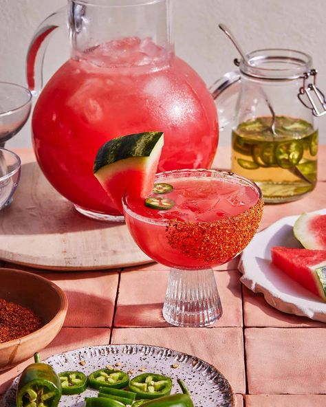 Batched Spicy Jalapeño Watermelon Margarita Spicy Watermelon Margarita, Watermelon Jalapeno Margarita, Watermelon Margarita Recipe, Granola Dessert, Spicy Watermelon, Fourth Of July Celebration, Watermelon Cocktail, Jalapeno Margarita, Watermelon Margarita