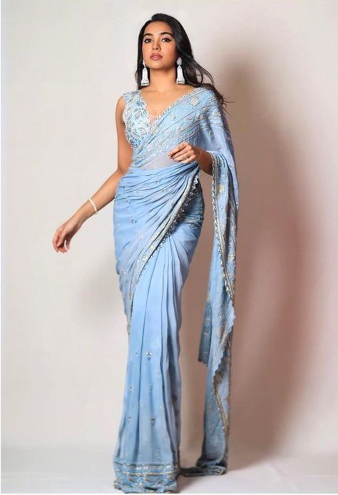 Shivathmika Rajashekar, Powder Blue Saree, Blue Designer Saree, Blue Chiffon Saree, Farewell Saree, Adhuri Kahani, Sky Blue Saree, Blue Sari, Saree Blue