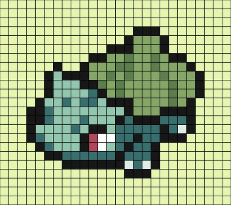 A pixel art template of Bulbasaur from Pokémon. Bulbasaur Cross Stitch Pattern, Pokemon Grid Pattern, Pixel Art Pattern 32x32 Grid Easy, Bulbasaur Cross Stitch, Safety Pin Art, Pokemon Pixel Art, Pokémon Perler, Melty Bead Designs, Kawaii Cross Stitch