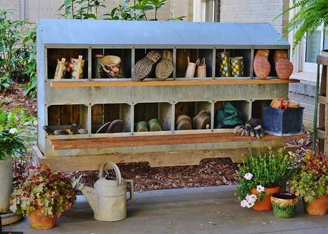 [REUSE] Once a Nesting Box…Now the Perfect Boot Storage - Redeem Your Ground | RYGblog.com Nesting Boxes Decor, Diy Storage Unit, Outdoor Shoe Storage, Chicken Nest, Chicken Nesting Boxes, Chicken Feeders, Boot Storage, Box Decor, Chicken Feeder