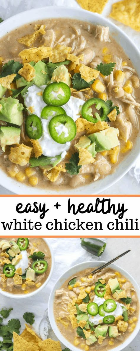 Healthy White Chicken Chili, Easy White Chicken Chili, Erin Lives Whole, Chili Recipe Stovetop, White Chicken Chili Healthy, Chicken Chili Crockpot, White Chicken Chili Recipe, Crockpot White Chicken Chili, White Chili Chicken Recipe