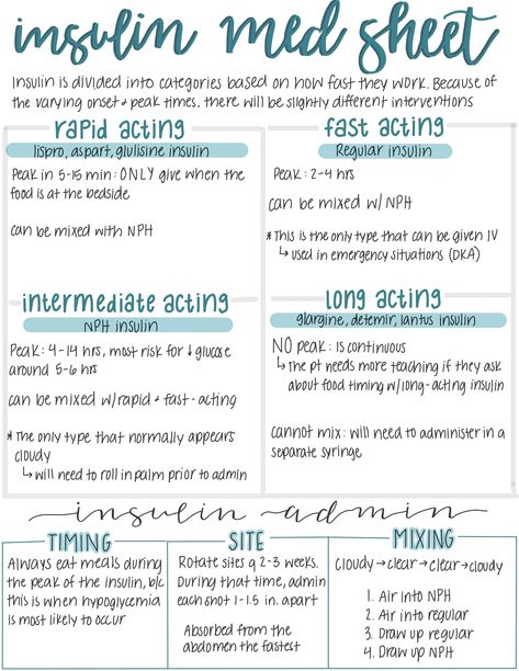 Insulin - Insulin Types and When to Use Them Insulin Nursing Notes, Insulin Nursing, Insulin Types, Insulin Injection Sites, Nursing School Prep, Nursing Hacks, Nursing School Organization, Types Of Insulin, Nurse Study