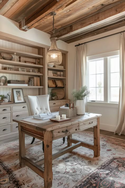 Vintage Office Decor Ideas, Cottage Office Ideas, Chic Home Office Ideas, Farmhouse Office Decor Ideas, Rustic Farmhouse Office, Farmhouse Study, Mexican Dining Room, Boho Chic Office, French Country Office