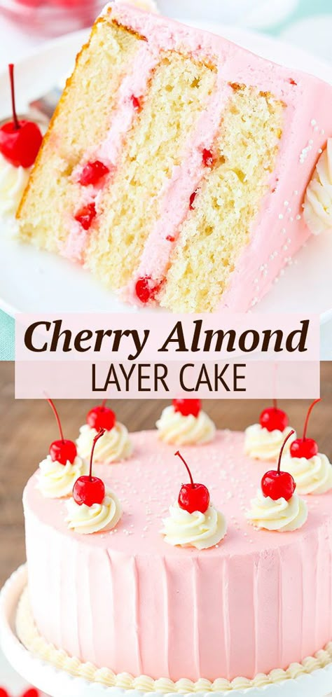 Almond Layer Cake, Cherry And Almond Cake, Cherry Frosting, Cake Cherry, Cake Light, Maraschino Cherries, Cherry Desserts, Cherry Cake, Cherry Almond