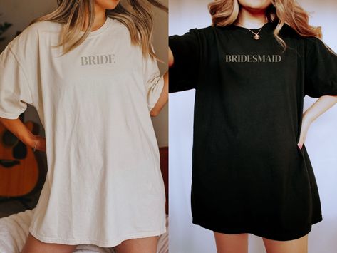 "FREE SHIPPING IN THE US! Comfort Colors Minimalist Bridesmaid Shirts, Bridal Party Shirts, Bride Shirt, Bridesmaid Shirt, Getting Ready Shirts, Bridesmaid Gift ♥ The SHIRT * This is a Comfort Colors 1717 shirt. * This unisex fit t-shirt is intended to be loose/oversized for women to give a chic and laid back vibe. If you want the tee to be more fitted, we would recommend sizing down. * If you are looking for an oversized \"T-shirt Dress\" look, we recommend sizing up 1 or 2 sizes * Detailed siz Getting Ready T Shirts Wedding, Get Ready Shirts For Wedding, Bridal Party Getting Ready Shirts, Oversized Tshirt Bridesmaid Getting Ready, Bridesmaids Oversized Shirts, Bridesmaid Getting Ready Tshirt, Bridesmaid Getting Ready Oversized Shirt, Bridesmaid Matching Getting Ready, Bridal Party Oversized Shirts