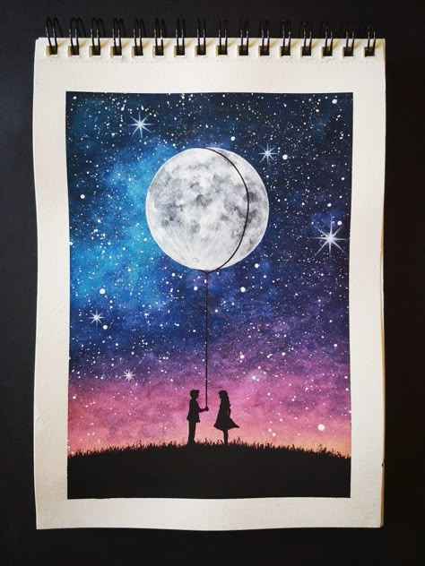 Acrylic Painting Ideas About Love, Oil Pastel Love Drawings, Romantic Scenery Painting, Beautiful Moon Drawing, Love Art Acrylic Paintings, Canvas Painting Ideas For Love, Couple Moon Painting, Paint Love Art, Sunset With Stars Painting