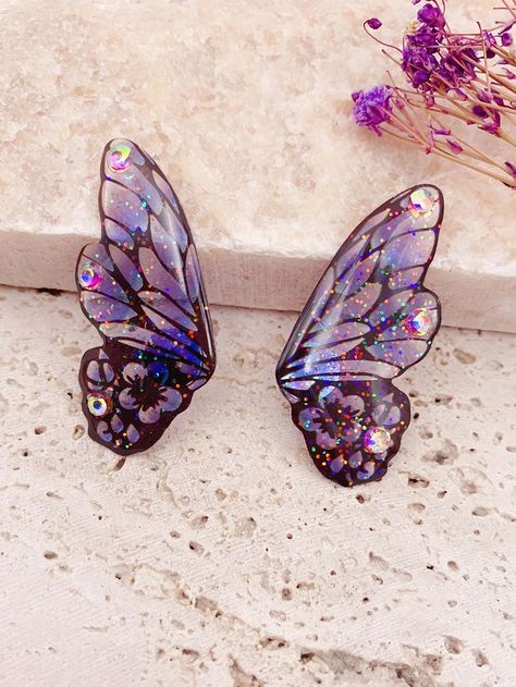 Rhinestone Decor Wing Design Stud Earrings | SHEIN USA Butterfly Wings Earrings, Butterfly Resin, Resin Studs, Resin Butterfly, Wings Earrings, Butterfly Wing Earrings, Whimsical Jewelry, Purple Sparkle, Stud Style