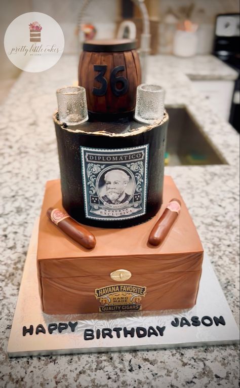 Cigars and Rum themed cake. Diplomático Rum Rum Themed Cake, Diplomatico Rum, 40th Party Ideas, Cuban Party, 36th Birthday, Rum Cake, Jack Daniels, Themed Cakes, Cigars