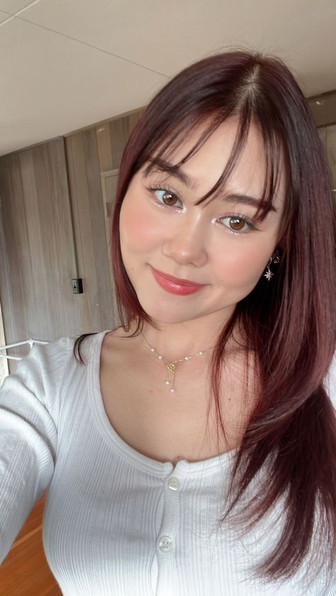 Erika Titus, Asian Red Hair, Hair Color Cherry Coke, Cherry Coke Hair, Red Eyebrows, Black Cherry Hair, Easy Professional Hairstyles, Fresh Face Makeup, Hair Color Asian