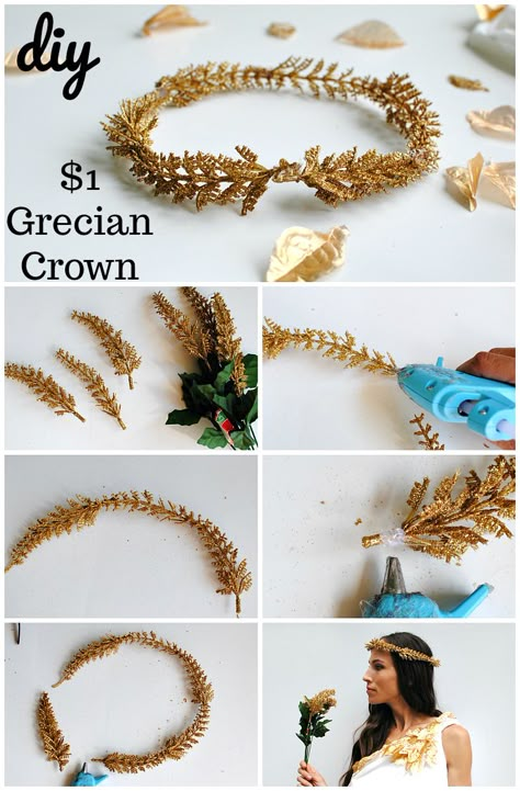 Trash To Couture: A Dollar Tree Halloween Series: Greek Goddess Costume Ancient Greek Diy Costume, Diy Greek Crown, Diy Greek Headpiece, Greek Goddess Accessories Diy, Greek Goddess Crown Diy, Greek Goddess Headpiece Diy, Demeter Goddess Costume, Goddess Crown Diy, Diy Goddess Crown