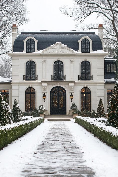 Elegant snowy pathway leading to a classic mansion adorned with festive lights. Unwrap the secrets of posh house facades and pick up clever ideas to make cardboard castles look like mansions. Cardboard Castles, Dream Neighborhood, Posh House, Rich Houses, Posh Houses, Classic Mansion, Porch Supports, French Mansion, Rich House