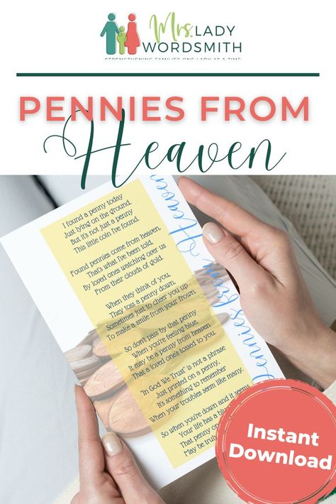 Know someone who's grieving? This beautiful design of the Pennies from Heaven poem is the perfect little something to tuck in a bereavement card or include with a gift or meal. Instant download. Pennies From Heaven Poem, Heaven Poems, Pennies From Heaven, Service Ideas, Lds Church, Mom Bloggers, Cheer You Up, Feeling Blue, Good Books