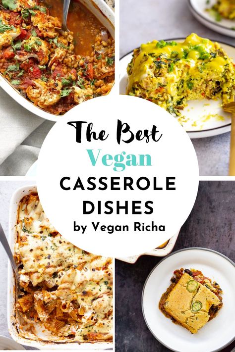 a collage of different vegan casserole dishes Tofu Casserole, Cornbread Chili, Vegan Casserole Recipes, Vegan Casseroles, Vegan Dinner Party, Vegan Breakfast Casserole, Scrambled Tofu, Vegan Potluck, Vegan Casserole