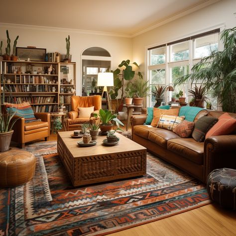 Leather Couch Cozy Living Room, Vintage Eclectic Home Living Room, Boho Mcm Living Room, Brown Couch Living Room Ideas Boho, Orange Leather Couch Living Room, New Mexico Living Room, Ucla Apartment, Orange Leather Couch, Mcm Apartment