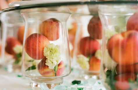 unique wedding centerpieces hurricane vases filled with peaches Burgundy Wedding Cake, Unique Wedding Centerpieces, Fruit Centerpieces, Peach Baby Shower, Peach Party, Wedding Reception Centerpieces, Reception Centerpieces, Lilac Pink, Purple Plum